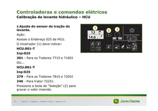 |
151
Controladoras e comandos elétricos
Calibração do levante hidráulico – HCU
5.Ajuste do sensor de tração do
levante.
Ação:
Acesse o Endereço 025 da HCU.
O mostrador (1) deve indicar:
HCU.001-T
Inp:025
301 - Para os Tratores 7715 e 7185J
OU...
HCU.001-T
Inp:025
279 - Para os Tratores 7815 e 7205J
246 - Para trator 7225J.
Pressione a tecla de “Seleção” (2) para
gravar o valor inserido.
Tratores 7J : Diagnóstico – Hidráulica e Elétrica | Setembro, 2011
1
2 3
 