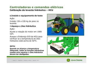 |
Controladoras e comandos elétricos
Calibração do levante hidráulico – HCU
6.Instale o equipamento de teste
Ação:
Instale 136 a 226 kg de peso no
levante.
7.Aqueça o óleo hidráulico
Ação:
Ajuste a rotação do motor em 1900
rpm.
Acesse o Endereço 019 da HCU para
verificar se a temperatura do óleo
hidráulico está acima de 50°C.
NOTA:
Quando se alcança a temperatura
adequada, todas as funções hidráulicas
usadas para aquecer o óleo hidráulico
devem ser desligadas.
Tratores 7J : Diagnóstico – Hidráulica e Elétrica | Setembro, 2011
 