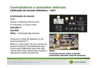 |
153
Controladoras e comandos elétricos
Calibração do levante hidráulico – HCU
8.Calibração do levante
Ação:
Acesse o Endereço 020 da HCU.
O mostrador (1) deve exibir:
HCU.001-T
Inp:020
HCAL - Calibração Não Ativada
Pressione a Tecla de Seleção (1) do
CommandCenterTM.
Alterne o interruptor (4) de controle do
levante hidráulico de totalmente para
frente para totalmente para trás pelo
menos três ciclos inteiros para purgar a
válvula do levante do óleo frio.
NOTA:
O levante precisa voltar à posição
totalmente abaixada antes de continuar.
Tratores 7J : Diagnóstico – Hidráulica e Elétrica | Setembro, 2011
1
2 3
4
 