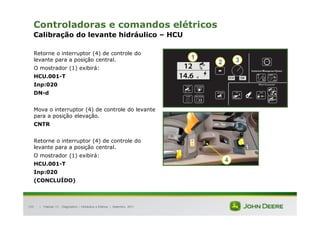 |
155
Controladoras e comandos elétricos
Calibração do levante hidráulico – HCU
Retorne o interruptor (4) de controle do
levante para a posição central.
O mostrador (1) exibirá:
HCU.001-T
Inp:020
DN-d
Mova o interruptor (4) de controle do levante
para a posição elevação.
CNTR
Retorne o interruptor (4) de controle do
levante para a posição central.
O mostrador (1) exibirá:
HCU.001-T
Inp:020
(CONCLUÍDO)
Tratores 7J : Diagnóstico – Hidráulica e Elétrica | Setembro, 2011
1
2 3
4
 