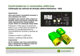 |
158
Controladoras e comandos elétricos
Calibração da válvula de direção elétro-hidráulica - SSU
Importante!
Para esse teste é necessário levantar o
eixo dianteiro do trator.
Condições que causam altas cargas na
direção, como solo macio, tanques tipo
selas, lastreamento frontal podem
causar falhas na realização desse teste.
Pressione o interruptor de ajuste do
trator (1) e o interruptor de ajuste do
levante (2) simultaneamente no
CommandCenter durante a partida do
motor.
Coloque o motor a 1200 rpm.
Acesse o endereço 028 da SSU.
Importante:
Se for instalar uma nova controladora,
faça o download do software antes de
tentar configurar ou calibrar.
Tratores 7J : Diagnóstico – Hidráulica e Elétrica | Setembro, 2011
1 2
 