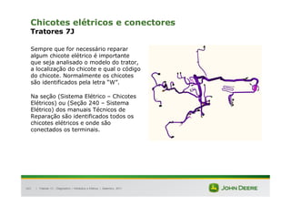 |
163
Chicotes elétricos e conectores
Tratores 7J
Sempre que for necessário reparar
algum chicote elétrico é importante
que seja analisado o modelo do trator,
a localização do chicote e qual o código
do chicote. Normalmente os chicotes
são identificados pela letra “W”.
Na seção (Sistema Elétrico – Chicotes
Elétricos) ou (Seção 240 – Sistema
Elétrico) dos manuais Técnicos de
Reparação são identificados todos os
chicotes elétricos e onde são
conectados os terminais.
Tratores 7J : Diagnóstico – Hidráulica e Elétrica | Setembro, 2011
 