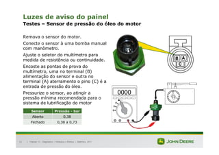 |
51
Luzes de aviso do painel
Testes – Sensor de pressão do óleo do motor
Remova o sensor do motor.
Conecte o sensor à uma bomba manual
com manômetro.
Ajuste o seletor do multímetro para
medida de resistência ou continuidade.
Encoste as pontas de prova do
multímetro, uma no terminal (B)
alimentação do sensor e outra no
terminal (A) aterramento o pino (C) é a
entrada de pressão do óleo.
Pressurize o sensor, ao atingir a
pressão mínima recomendada para o
sistema de lubrificação do motor
Tratores 7J : Diagnóstico – Hidráulica e Elétrica | Setembro, 2011
Sensor Pressão - bar
Aberto 0,38
Fechado 0,38 a 0,73
 