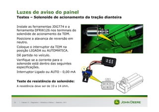 |
53
Luzes de aviso do painel
Testes – Solenoide de acionamento da tração dianteira
Instale as ferramentas JDG774 e a
ferramenta DFRW126 nos terminais do
solenóide de acionamento da TDM.
Posicione a alavanca de reversão em
neutro.
Coloque o interruptor da TDM na
posição LIGADA ou AUTOMÁTICA.
Dê partida no veículo.
Verifique se a corrente para o
solenoide está dentro das seguintes
especificações.
Interruptor Ligado ou AUTO - 0,00 mA
Teste de resistência do solenóide:
A resistência deve ser de 10 a 14 ohm.
Tratores 7J : Diagnóstico – Hidráulica e Elétrica | Setembro, 2011
1
 