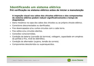 |
Identificando um sistema elétrico
Pré verificação no sistema elétrico antes de iniciar a manutenção
A inspeção visual nos cabos dos chicotes elétricos e dos componentes
do sistema elétrico podem reduzir significativamente o tempo de
diagnóstico:
• Dano mecânico na capa dos cabos dos chicotes ou ao próprio chicote elétrico.
• Conectores desconectados ou danificados.
• Fios desencapados e/ou curtos-circuitos com o cabo terra.
• Fios soltos e/ou circuitos abertos.
• Conexões ruins/corroídas.
• Condição da bateria (corrosão do terminal, voltagem, capacidade em ampères
da partida a frio, nível do eletrólito).
• Condição do alternador (sujeira, tensão da correia).
• Componentes descoloridos ou superaquecidos.
Tratores 7J : Diagnóstico – Hidráulica e Elétrica | Setembro, 2011
 