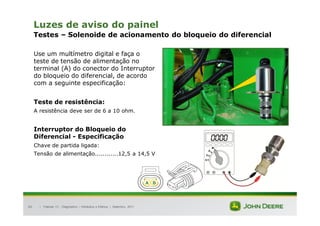 |
60
Luzes de aviso do painel
Testes – Solenoide de acionamento do bloqueio do diferencial
Use um multímetro digital e faça o
teste de tensão de alimentação no
terminal (A) do conector do Interruptor
do bloqueio do diferencial, de acordo
com a seguinte especificação:
Teste de resistência:
A resistência deve ser de 6 a 10 ohm.
Interruptor do Bloqueio do
Diferencial - Especificação
Chave de partida ligada:
Tensão de alimentação............12,5 a 14,5 V
Tratores 7J : Diagnóstico – Hidráulica e Elétrica | Setembro, 2011
B
A
 