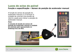 |
63
Luzes de aviso do painel
Função e especificação – Sensor de posição do acelerador manual
A função do sensor de posição do
acelerador manual (1) é fornecer à
unidade de controle uma tensão de
retorno usada para indicar a posição do
acelerador manual.
Nota:
A entrada da tensão do sensor de
posição do acelerador manual à unidade
de controle está representada no
Endereço 012 da ACU.
Tratores 7J : Diagnóstico – Hidráulica e Elétrica | Setembro, 2011
1A
 