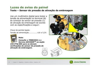 |
70
Luzes de aviso do painel
Teste – Sensor de pressão de ativação da embreagem
Use um multímetro digital para testar a
tensão de alimentação no terminal (B)
do conector do sensor de pressão (1)
de ativação da embreagem de acordo
com as especificações a seguir:
Chave de partida ligada:
Tensão de alimentação...............4,8 a 5,2V.
Nota:
Consulte o TM802054 e o
Service ADVISORTM na seção
245-PTQ-005 para as demais
verificações do sensor de pressão de
ativação da embreagem.
Tratores 7J : Diagnóstico – Hidráulica e Elétrica | Setembro, 2011
1
 