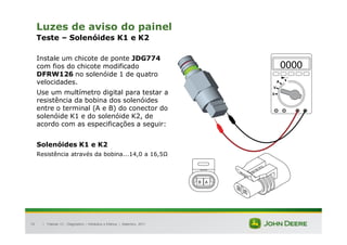 |
74
Luzes de aviso do painel
Teste – Solenóides K1 e K2
Instale um chicote de ponte JDG774
com fios do chicote modificado
DFRW126 no solenóide 1 de quatro
velocidades.
Use um multímetro digital para testar a
resistência da bobina dos solenóides
entre o terminal (A e B) do conector do
solenóide K1 e do solenóide K2, de
acordo com as especificações a seguir:
Solenóides K1 e K2
Resistência através da bobina...14,0 a 16,5
Tratores 7J : Diagnóstico – Hidráulica e Elétrica | Setembro, 2011
 