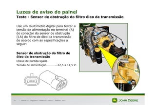 |
76
Luzes de aviso do painel
Teste - Sensor de obstrução do filtro óleo da transmissão
Use um multímetro digital para testar a
tensão de alimentação no terminal (A)
do conector do sensor de obstrução
(1A) do filtro de óleo da transmissão
de acordo com as especificações a
seguir:
Sensor de obstrução do filtro de
óleo da transmissão
Chave de partida ligada
Tensão de alimentação…………...12,5 a 14,5 V
Tratores 7J : Diagnóstico – Hidráulica e Elétrica | Setembro, 2011
1A
 