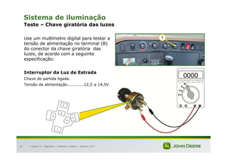 |
87
Sistema de iluminação
Teste – Chave giratória das luzes
Use um multímetro digital para testar a
tensão de alimentação no terminal (B)
do conector da chave giratória das
luzes, de acordo com a seguinte
especificação:
Interruptor da Luz de Estrada
Chave de partida ligada.
Tensão de alimentação............12,5 a 14,5V
Tratores 7J : Diagnóstico – Hidráulica e Elétrica | Setembro, 2011
1
 