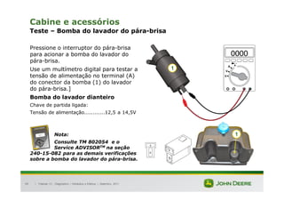 |
99
Cabine e acessórios
Teste – Bomba do lavador do pára-brisa
Pressione o interruptor do pára-brisa
para acionar a bomba do lavador do
pára-brisa.
Use um multímetro digital para testar a
tensão de alimentação no terminal (A)
do conector da bomba (1) do lavador
do pára-brisa.]
Bomba do lavador dianteiro
Chave de partida ligada:
Tensão de alimentação............12,5 a 14,5V
Nota:
Consulte TM 802054 e o
Service ADVISORTM na seção
240-15-082 para as demais verificações
sobre a bomba do lavador do pára-brisa.
Tratores 7J : Diagnóstico – Hidráulica e Elétrica | Setembro, 2011
1
1
 