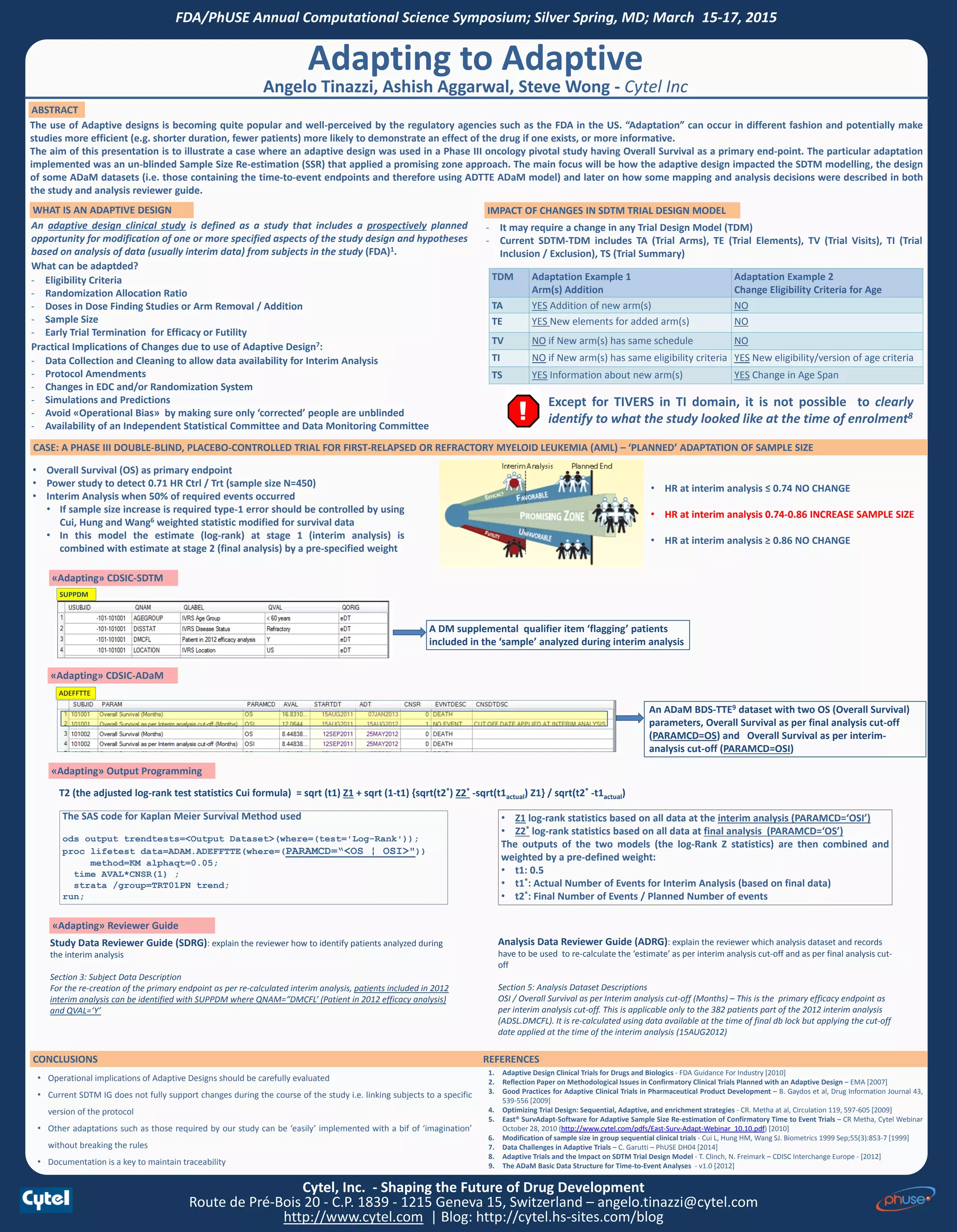 Cytel, Inc. - Shaping the Future of Drug Development
Route de Pré-Bois 20 - C.P. 1839 - 1215 Geneva 15, Switzerland – angelo.tinazzi@cytel.com
http://www.cytel.com | Blog: http://cytel.hs-sites.com/blog
Adapting to Adaptive
Angelo Tinazzi, Ashish Aggarwal, Steve Wong - Cytel Inc
The use of Adaptive designs is becoming quite popular and well-perceived by the regulatory agencies such as the FDA in the US. “Adaptation” can occur in different fashion and potentially make
studies more efficient (e.g. shorter duration, fewer patients) more likely to demonstrate an effect of the drug if one exists, or more informative.
The aim of this presentation is to illustrate a case where an adaptive design was used in a Phase III oncology pivotal study having Overall Survival as a primary end-point. The particular adaptation
implemented was an un-blinded Sample Size Re-estimation (SSR) that applied a promising zone approach. The main focus will be how the adaptive design impacted the SDTM modelling, the design
of some ADaM datasets (i.e. those containing the time-to-event endpoints and therefore using ADTTE ADaM model) and later on how some mapping and analysis decisions were described in both
the study and analysis reviewer guide.
ABSTRACT
FDA/PhUSE Annual Computational Science Symposium; Silver Spring, MD; March 15-17, 2015
CASE: A PHASE III DOUBLE-BLIND, PLACEBO-CONTROLLED TRIAL FOR FIRST-RELAPSED OR REFRACTORY MYELOID LEUKEMIA (AML) – ‘PLANNED’ ADAPTATION OF SAMPLE SIZE
1. Adaptive Design Clinical Trials for Drugs and Biologics - FDA Guidance For Industry [2010]
2. Reflection Paper on Methodological Issues in Confirmatory Clinical Trials Planned with an Adaptive Design – EMA [2007]
3. Good Practices for Adaptive Clinical Trials in Pharmaceutical Product Development – B. Gaydos et al, Drug Information Journal 43,
539-556 [2009]
4. Optimizing Trial Design: Sequential, Adaptive, and enrichment strategies - CR. Metha at al, Circulation 119, 597-605 [2009]
5. East® SurvAdapt-Software for Adaptive Sample Size Re-estimation of Confirmatory Time to Event Trials – CR Metha, Cytel Webinar
October 28, 2010 (http://www.cytel.com/pdfs/East-Surv-Adapt-Webinar_10.10.pdf) [2010]
6. Modification of sample size in group sequential clinical trials - Cui L, Hung HM, Wang SJ. Biometrics 1999 Sep;55(3):853-7 [1999]
7. Data Challenges in Adaptive Trials – C. Garutti – PhUSE DH04 [2014]
8. Adaptive Trials and the Impact on SDTM Trial Design Model - T. Clinch, N. Freimark – CDISC Interchange Europe - [2012]
9. The ADaM Basic Data Structure for Time-to-Event Analyses - v1.0 [2012]
An adaptive design clinical study is defined as a study that includes a prospectively planned
opportunity for modification of one or more specified aspects of the study design and hypotheses
based on analysis of data (usually interim data) from subjects in the study (FDA)1.
What can be adaptded?
- Eligibility Criteria
- Randomization Allocation Ratio
- Doses in Dose Finding Studies or Arm Removal / Addition
- Sample Size
- Early Trial Termination for Efficacy or Futility
Practical Implications of Changes due to use of Adaptive Design7:
- Data Collection and Cleaning to allow data availability for Interim Analysis
- Protocol Amendments
- Changes in EDC and/or Randomization System
- Simulations and Predictions
- Avoid «Operational Bias» by making sure only ‘corrected’ people are unblinded
- Availability of an Independent Statistical Committee and Data Monitoring Committee
WHAT IS AN ADAPTIVE DESIGN
- It may require a change in any Trial Design Model (TDM)
- Current SDTM-TDM includes TA (Trial Arms), TE (Trial Elements), TV (Trial Visits), TI (Trial
Inclusion / Exclusion), TS (Trial Summary)
IMPACT OF CHANGES IN SDTM TRIAL DESIGN MODEL
CONCLUSIONS REFERENCES
ADEFFTTE
A DM supplemental qualifier item ‘flagging’ patients
included in the ‘sample’ analyzed during interim analysis
An ADaM BDS-TTE9 dataset with two OS (Overall Survival)
parameters, Overall Survival as per final analysis cut-off
(PARAMCD=OS) and Overall Survival as per interim-
analysis cut-off (PARAMCD=OSI)
«Adapting» CDSIC-SDTM
«Adapting» CDSIC-ADaM
«Adapting» Output Programming
«Adapting» Reviewer Guide
Study Data Reviewer Guide (SDRG): explain the reviewer how to identify patients analyzed during
the interim analysis
Section 3: Subject Data Description
For the re-creation of the primary endpoint as per re-calculated interim analysis, patients included in 2012
interim analysis can be identified with SUPPDM where QNAM=“DMCFL’ (Patient in 2012 efficacy analysis)
and QVAL=‘Y’
Analysis Data Reviewer Guide (ADRG): explain the reviewer which analysis dataset and records
have to be used to re-calculate the ‘estimate’ as per interim analysis cut-off and as per final analysis cut-
off
Section 5: Analysis Dataset Descriptions
OSI / Overall Survival as per Interim analysis cut-off (Months) – This is the primary efficacy endpoint as
per interim analysis cut-off. This is applicable only to the 382 patients part of the 2012 interim analysis
(ADSL.DMCFL). It is re-calculated using data available at the time of final db lock but applying the cut-off
date applied at the time of the interim analysis (15AUG2012)
TDM Adaptation Example 1
Arm(s) Addition
Adaptation Example 2
Change Eligibility Criteria for Age
TA YES Addition of new arm(s) NO
TE YES New elements for added arm(s) NO
TV NO if New arm(s) has same schedule NO
TI NO if New arm(s) has same eligibility criteria YES New eligibility/version of age criteria
TS YES Information about new arm(s) YES Change in Age Span
Except for TIVERS in TI domain, it is not possible to clearly
identify to what the study looked like at the time of enrolment8
• HR at interim analysis ≤ 0.74 NO CHANGE
• HR at interim analysis 0.74-0.86 INCREASE SAMPLE SIZE
• HR at interim analysis ≥ 0.86 NO CHANGE
• Overall Survival (OS) as primary endpoint
• Power study to detect 0.71 HR Ctrl / Trt (sample size N=450)
• Interim Analysis when 50% of required events occurred
• If sample size increase is required type-1 error should be controlled by using
Cui, Hung and Wang6 weighted statistic modified for survival data
• In this model the estimate (log-rank) at stage 1 (interim analysis) is
combined with estimate at stage 2 (final analysis) by a pre-specified weight
T2 (the adjusted log-rank test statistics Cui formula) = sqrt (t1) Z1 + sqrt (1-t1) {sqrt(t2*) Z2* -sqrt(t1actual) Z1} / sqrt(t2* -t1actual)
The SAS code for Kaplan Meier Survival Method used
ods output trendtests=<Output Dataset>(where=(test='Log-Rank'));
proc lifetest data=ADAM.ADEFFTTE(where=(PARAMCD=“<OS ¦ OSI>"))
method=KM alphaqt=0.05;
time AVAL*CNSR(1) ;
strata /group=TRT01PN trend;
run;
• Z1 log-rank statistics based on all data at the interim analysis (PARAMCD=‘OSI’)
• Z2* log-rank statistics based on all data at final analysis (PARAMCD=‘OS’)
The outputs of the two models (the log-Rank Z statistics) are then combined and
weighted by a pre-defined weight:
• t1: 0.5
• t1*: Actual Number of Events for Interim Analysis (based on final data)
• t2*: Final Number of Events / Planned Number of events
• Operational implications of Adaptive Designs should be carefully evaluated
• Current SDTM IG does not fully support changes during the course of the study i.e. linking subjects to a specific
version of the protocol
• Other adaptations such as those required by our study can be ‘easily’ implemented with a bif of ‘imagination’
without breaking the rules
• Documentation is a key to maintain traceability
SUPPDM
 