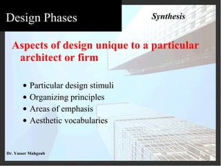 Aspects of design unique to a particular architect or firm Particular design stimuli Organizing principles Areas of emphasis Aesthetic vocabularies Synthesis 