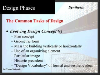 The Common Tasks of Design Evolving Design Concept (s) Plan concept Geometric form Mass the building vertically or horizontally Use of an organizing element Particular image Historic precedent "Design Vocabulary" of formal and aesthetic ideas Synthesis 