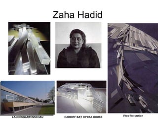 Zaha Hadid  . LANDESGARTENSCHAU CARDIFF BAY OPERA HOUSE Vitra fire station  HABITABLE BRIDGE SCHOOL OF MANAGEMENT  