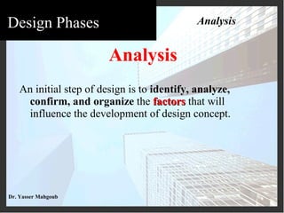 <ul><li>Analysis </li></ul><ul><li>An initial step of design is to  identify, analyze, confirm, and organize  the  factors...