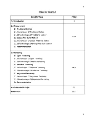 2
2
TABLE OF CONTENT
DESCRIPTION PAGE
1.0 Introduction 3
2.0 Procurement
2.1 Traditional Method
2.1.1 Advantages Of Traditional Method
2.1.2 Disadvantages Of Traditional Method
2.2 Design And Build Method
2.2.1 Advantages Of Design And Build Method
2.2.2 Disadvantages Of Design And Build Method
2.3 Recommendation
4-13
3.0 Tendering
3.1 Open Tendering
3.1.1 Advantages Of Open Tendering
3.1.2 Disadvantages Of Open Tendering
3.2 Selective Tendering
3.2.1 Advantages Of Selective Tendering
3.2.2 Disadvantages Of Selective Tendering
3.3 Negotiated Tendering
3.3.1 Advantages Of Negotiated Tendering
3.3.2 Disadvantages Of Negotiated Tendering
3.4 Recommendation
14-24
4.0 Schedule Of Project 25
References 26-27
 
