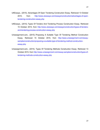 27
27
UKEssays,. (2015). Advantages Of Open Tendering Construction Essay. Retrieved 13 October
2015, from http://www.ukessays.com/essays/construction/advantages-of-open-
tendering-construction-essay.php
UKEssays,. (2015). Types Of Tenders And Tendering Process Construction Essay. Retrieved
15 October 2015, from http://www.ukessays.com/essays/construction/types-of-tenders-
and-tendering-process-construction-essay.php
Uniassignment.com,. (2015). Proposing A Suitable Type Of Tendering Method Construction
Essay. Retrieved 15 October 2015, from http://www.uniassignment.com/essay-
samples/construction/proposing-a-suitable-type-of-tendering-method-construction-
essay.php
Uniassignment.com,. (2015). Types Of Tendering Methods Construction Essay. Retrieved 13
October 2015, from http://www.uniassignment.com/essay-samples/construction/types-of-
tendering-methods-construction-essay.php
 