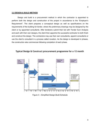 8
8
2.2 DESIGN & BUILD METHOD
Design and build is a procurement method in which the contractor is appointed to
perform both the design and construction of the project in accordance to the “Employer‟s
Requirement”. The client prepares a conceptual design as well as specifications on the
requirements of the building for tender, where the preliminary drawings may be designed by the
client or by appointed consultants. After tenderers submit their bid with Tender Sum Analysis
and each with their own designs, the client then appoints the successful contractor to both finish
and construct the design. The contractors may use their own consultants, appoint consultants or
use the client‟s consultant in a process called novation. As the design is developed in phases,
the construction also commences following completion of each phase.
Figure 3 – Simplified Design-Build Schedule
 