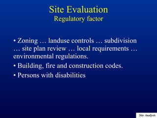 Zoning … landuse controls … subdivision … site plan review … local requirements … environmental regulations. Building, fire and construction codes. Persons with disabilities Site Evaluation Regulatory factor 