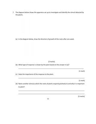 7. The diagram below shows the apparatus set up to investigate and identify the stimuli detected by
the plants.
(a) In the diagram below, draw the direction of growth of the roots after one week.
[2 marks]
(b) What type of response is shown by the plant based on the answer in (a)?
____________________________________________________________________________
[1 mark]
(c) State the importance of the response to the plant.
_____________________________________________________________________________
[1 mark]
(d) Name another stimulus which the roots of plants respond positively to and why it is important
to plant?
_____________________________________________________________________________
_____________________________________________________________________________
[2 marks]
11
 
