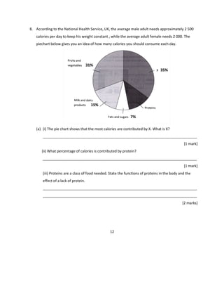 8. According to the National Health Service, UK, the average male adult needs approximately 2 500
calories per day to keep his weight constant , while the average adult female needs 2 000. The
piechart below gives you an idea of how many calories you should consume each day.
(a) (i) The pie chart shows that the most calories are contributed by X. What is X?
_____________________________________________________________________________
[1 mark]
(ii) What percentage of calories is contributed by protein?
_____________________________________________________________________________
[1 mark]
(iii) Proteins are a class of food needed. State the functions of proteins in the body and the
effect of a lack of protein.
_____________________________________________________________________________
_____________________________________________________________________________
[2 marks]
12
 