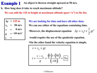 EExxaammppllee 11 
An object is thrown straight upward at 50 m/s. 
b. How long does it take to reach maximum altitude? 
We can add the 125 m height at maximum altitude (part “a”) to the list. 
125 m We are looking for time and have all other data. 
We can use either of the equations containing time. 
•However, the displacement equation 
would require the use of the quadratic equation. 
•On the other hand the velocity equation is simple. 
v = v0 + gt 
© RHJansen 
Δy = 
v0 = 
v = 
g = 
t = 
50 m/s 
0 m/s 
−10 m/s2 
t = 
v - v0 
g 
= 
(0)- (50) 
(-10) = 5s 
Dy = v0t + 1 
2 
gt2 
 