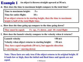 EExxaammppllee 11 
An object is thrown straight upward at 50 m/s. 
d. How does the time to maximum height compare to the total time? 
Time to maximum height: 5 s 
Time for entire flight: 10 s 
If an object returns to its starting height, then the time to maximum 
height is half of the total flight time. 
e. How does the time going up compare to the time going down? 
They must be equal: 5 s up , 5 s down , and 10 s total flight 
f. How does the launch velocity compare to the velocity when it returns? 
Launch velocity +50 m/s 
Velocity when object returns to starting height: −50 m/s 
They have equal magnitude (50 m/s), but opposite direction 
(+ moving up / − moving down) 
Note: These facts are only true if the object returns to its original height. If 
it lands low or high, then the initial and final times and speeds are not 
equal. 
© RHJansen 
 
