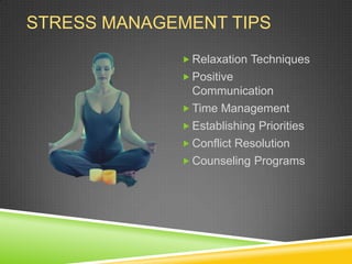 STRESS MANAGEMENT TIPS
              Relaxation Techniques
              Positive
               Communication
              Time Management
              Establishing Priorities
              Conflict Resolution
              Counseling Programs
 
