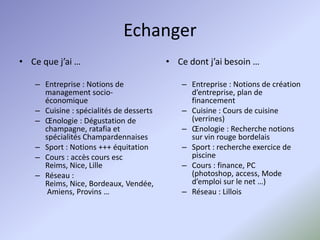EchangerCe que j’ai …Entreprise : Notions de management socio-économiqueCuisine : spécialités de dessertsŒnologie : Dégustation de champagne, ratafia et spécialités ChampardennaisesSport : Notions +++ équitationCours : accès cours esc Reims, Nice, LilleRéseau : Reims, Nice, Bordeaux, Vendée, Amiens, Provins …Ce dont j’ai besoin …Entreprise : Notions de création d’entreprise, plan de financementCuisine : Cours de cuisine (verrines)Œnologie : Recherche notions sur vin rouge bordelaisSport : recherche exercice de piscineCours : finance, PC (photoshop, access, Mode d’emploi sur le net …)Réseau : Lillois