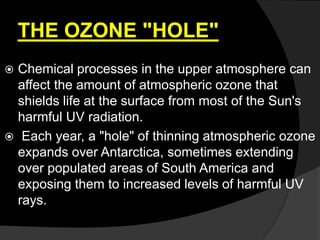 THE OZONE "HOLE"
 Chemical processes in the upper atmosphere can
affect the amount of atmospheric ozone that
shields life at the surface from most of the Sun's
harmful UV radiation.
 Each year, a "hole" of thinning atmospheric ozone
expands over Antarctica, sometimes extending
over populated areas of South America and
exposing them to increased levels of harmful UV
rays.
 