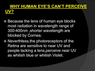 WHY HUMAN EYE’S CAN’T PERCEIVE
UV?
 Because the lens of human eye blocks
most radiation in wavelength range of
300-400nm ,shorter wavelength are
blocked by Cornea.
 Neverthless,the photoreceptors of the
Retina are sensitive to near UV and
people lacking a lens,perceive near UV
as whitish blue or whitish Violet.
 