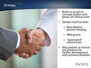 Strategy
• Build on proof-ofconcept studies with
phase I/II clinical trials
• Spread cost/risk with:
o Non-dilutive
partner funding
o R&D grants
o “Sponsored”
clinical trials
• May partner or license
out products for
further development
and commercialization

19

 