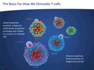 The Basis For How We Stimulate T-cells

Antigen Y

Select important
common antigen(s),
which body recognizes
as foreign and relates
to a cancer or infected
cell

Antigen Y

Strain 2

Antigen Y

Strain X

6

Strain 1

Choose important
strains/variants of
target virus/cancer

 