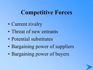 Competitive Forces
• Current rivalry
• Threat of new entrants
• Potential substitutes
• Bargaining power of suppliers
• Bargaining power of buyers
 