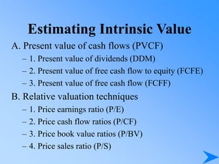 Estimating Intrinsic Value
A. Present value of cash flows (PVCF)
– 1. Present value of dividends (DDM)
– 2. Present value of free cash flow to equity (FCFE)
– 3. Present value of free cash flow (FCFF)
B. Relative valuation techniques
– 1. Price earnings ratio (P/E)
– 2. Price cash flow ratios (P/CF)
– 3. Price book value ratios (P/BV)
– 4. Price sales ratio (P/S)
 