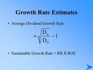 Growth Rate Estimates
• Average Dividend Growth Rate
• Sustainable Growth Rate = RR X ROE
1
D
D
n
0
n


 