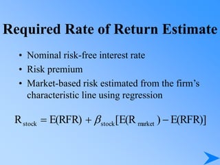 Required Rate of Return Estimate
• Nominal risk-free interest rate
• Risk premium
• Market-based risk estimated from the firm’s
characteristic line using regression
E(RFR)]
)
E(R
[
E(RFR)
R market
stock
stock 

 
 