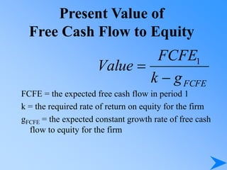 Present Value of
Free Cash Flow to Equity
FCFE = the expected free cash flow in period 1
k = the required rate of return on equity for the firm
gFCFE = the expected constant growth rate of free cash
flow to equity for the firm
FCFE
g
k
FCFE
Value

 1
 