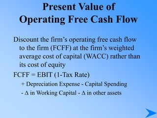 Present Value of
Operating Free Cash Flow
Discount the firm’s operating free cash flow
to the firm (FCFF) at the firm’s weighted
average cost of capital (WACC) rather than
its cost of equity
FCFF = EBIT (1-Tax Rate)
+ Depreciation Expense - Capital Spending
- D in Working Capital - D in other assets
 