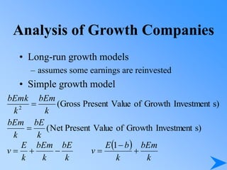 Analysis of Growth Companies
• Long-run growth models
– assumes some earnings are reinvested
• Simple growth model
s)
Investment
Growth
of
Value
Present
Gross
(
2
k
bEm
k
bEmk

s)
Investment
Growth
of
Value
Present
Net
(
k
bE
k
bEm

k
bE
k
bEm
k
E
v 


 
k
bEm
k
b
E
v 


1
 