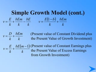 Simple Growth Model (cont.)
(Present value of Constant Dividend plus
the Present Value of Growth Investment)
k
bE
k
bEm
k
E
v 


 
k
bEm
k
b
E
v 


1
k
bEm
k
D
v 

 
k
m
bE
k
E
v
1



(Present value of Constant Earnings plus
the Present Value of Excess Earnings
from Growth Investment)
 