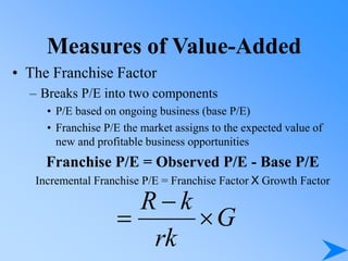Measures of Value-Added
• The Franchise Factor
– Breaks P/E into two components
• P/E based on ongoing business (base P/E)
• Franchise P/E the market assigns to the expected value of
new and profitable business opportunities
Franchise P/E = Observed P/E - Base P/E
Incremental Franchise P/E = Franchise Factor X Growth Factor
G
rk
k
R



 