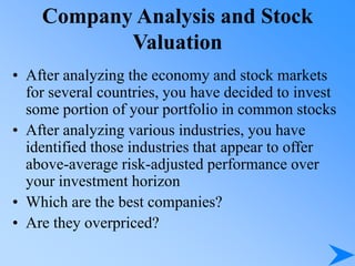 Company Analysis and Stock
Valuation
• After analyzing the economy and stock markets
for several countries, you have decided to invest
some portion of your portfolio in common stocks
• After analyzing various industries, you have
identified those industries that appear to offer
above-average risk-adjusted performance over
your investment horizon
• Which are the best companies?
• Are they overpriced?
 