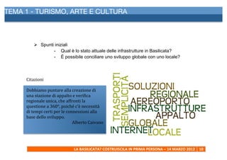 TEMA 1 - TURISMO, ARTE E CULTURA
     	
  




            Ø Spunti iniziali
                     - Qual è lo stato attuale delle infrastrutture in Basilicata?
                     - È possibile conciliare uno sviluppo globale con uno locale?



     Citazioni	
  
     	
  
     Dobbiamo	
  puntare	
  alla	
  creazione	
  di	
  
     una	
  stazione	
  di	
  appalto	
  e	
  verifica	
  
     regionale	
  unica,	
  che	
  affronti	
  la	
  
     questione	
  a	
  360°,	
  poiché	
  c’è	
  necessità	
  
     di	
  tempi	
  certi	
  per	
  le	
  connessioni	
  alla	
  
     base	
  dello	
  sviluppo.	
  
                                             Alberto	
  Caivano	
  




                                          LA	
  BASILICATA?	
  COSTRUISCILA	
  IN	
  PRIMA	
  PERSONA	
  –	
  14	
  MARZO	
  2012	
   10	
  
     	
  
 