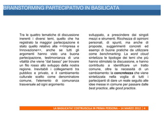  
BRAINSTORMING PARTECIPATIVO IN BASILICATA




     Tra le quattro tematiche di discussione                     sviluppato, a prescindere dai singoli
     inerenti i diversi temi, quello che ha                      mezzi e strumenti. Ricchezza di opinioni
     registrato la maggior partecipazione è                      personali, di spunti, ma anche di
     stato quello relativo alla <<Impresa e                      proposte, suggerimenti concreti ed
     Innovazione>>, anche se tutti gli                           esempi di buone pratiche da utilizzare
     argomenti hanno visto una buona                             come benchmarking. La word cloud
     partecipazione, testimonianza di una                        sintetizza le tipologie dei temi che più
     vitalità che viene “dal basso” per trovare                  hanno stimolato la discussione, e hanno
     un filo rosso allo sviluppo della nostra                    contribuito a identificare un tratto
     regione. Inevitabili i collegamenti tra                     comune, oltre la necessità di un
     pubblico e privato, e il cambiamento                        cambiamento: la concretezza che viene
     culturale scelto come denominatore                          sintetizzata nella voglia di tutti i
     comune, l'elemento di comunanza                             partecipanti di dare un reale seguito alle
     trasversale ad ogni argomento                               idee messe in comune per passare dalle
                                                                 best practice, alle good practice.




                            LA	
  BASILICATA?	
  COSTRUISCILA	
  IN	
  PRIMA	
  PERSONA	
  –	
  14	
  MARZO	
  2012	
   4	
  
     	
  
 