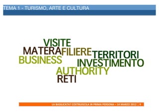 TEMA 1 - TURISMO, ARTE E CULTURA
     	
  




                  LA	
  BASILICATA?	
  COSTRUISCILA	
  IN	
  PRIMA	
  PERSONA	
  –	
  14	
  MARZO	
  2012	
   9	
  
     	
  
 