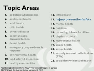 Topic Areas
    1. addiction/substance use                               12. infant health
    2. adolescent health       ...