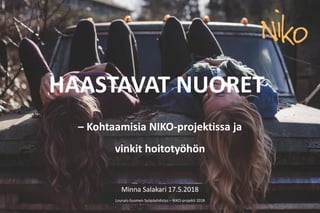 Lounais-Suomen Syöpäyhdistys – NIKO-projekti 2018
HAASTAVAT NUORET
– Kohtaamisia NIKO-projektissa ja
vinkit hoitotyöhön
Minna Salakari 17.5.2018
 
